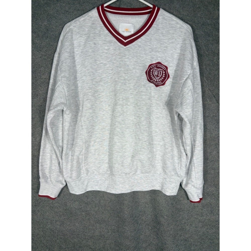 Lazy Sunday Ivy League Athletics 81 V-Neck Sweatshirt Gray Red Small 09867JFT793